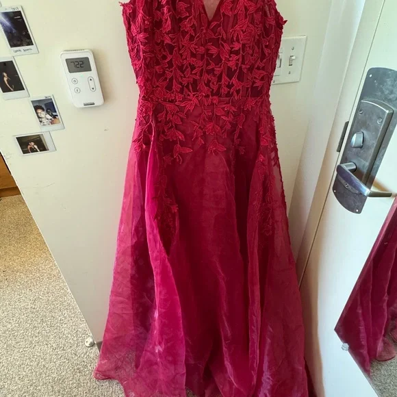 Elegant Red Lace Evening Gown - Picture 1 of 2